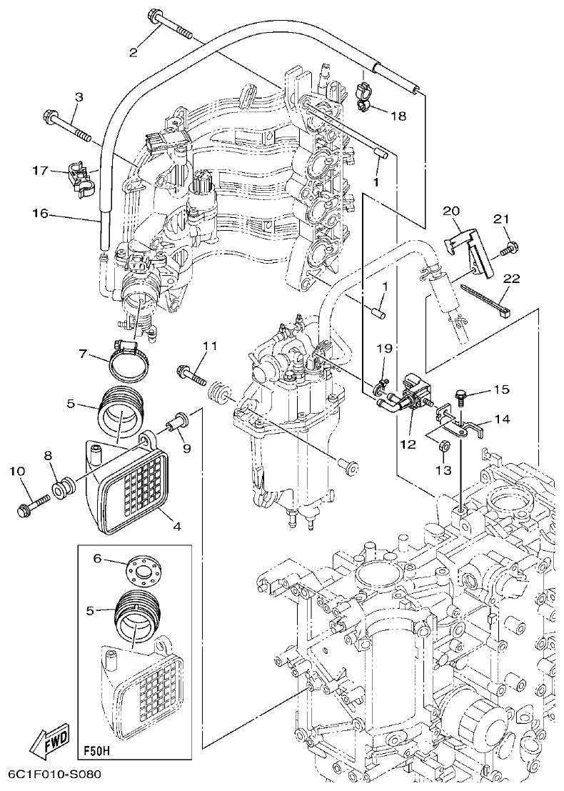 Yamaha F50HET, F60FET, F50HEHD, F60FEHT INTAKE 2 parts diagram